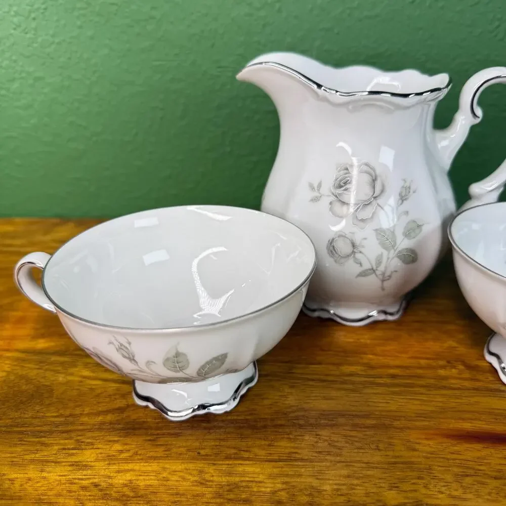 Vintage Mitterteich Mystic Rose Porcelain Tea Cup Set with Creamer